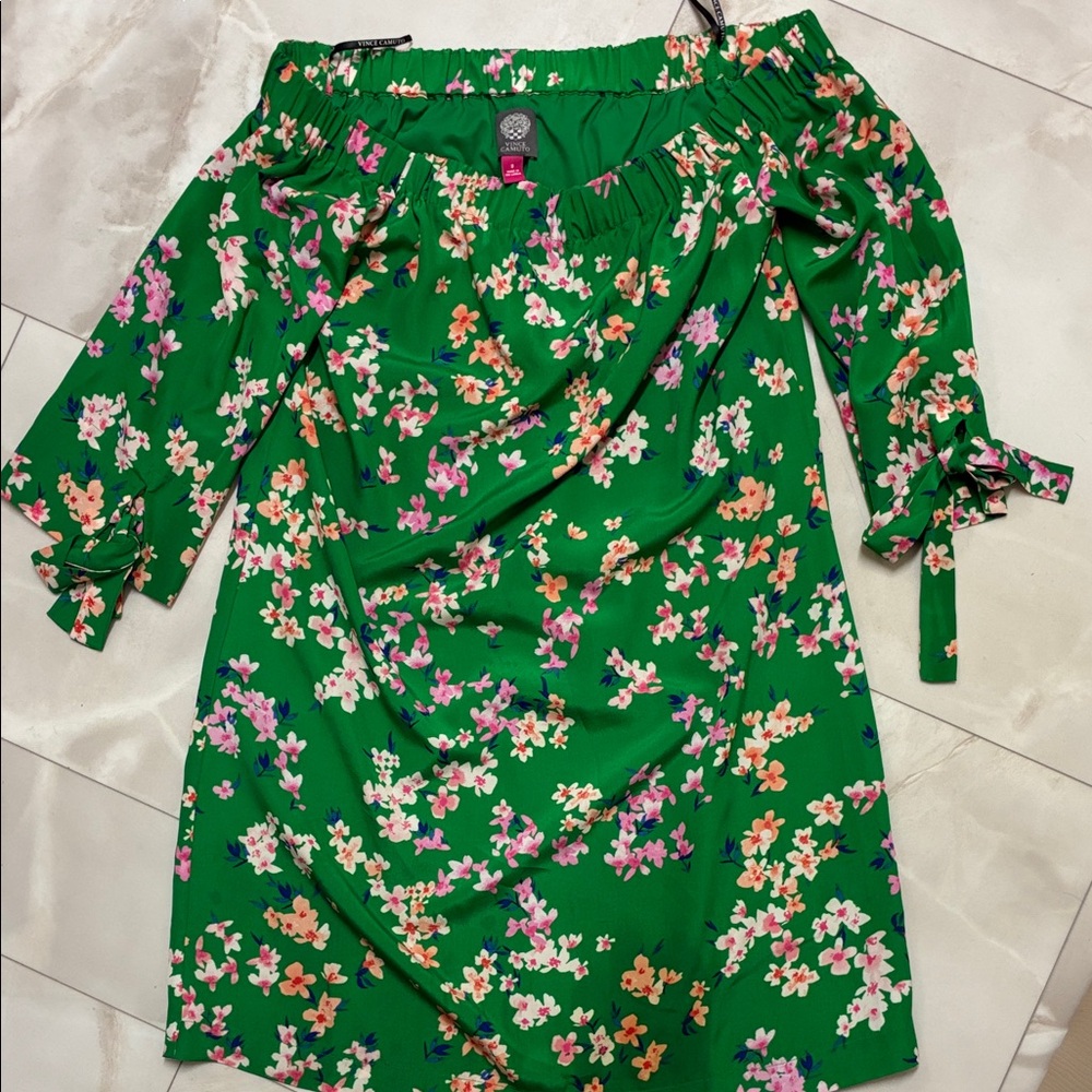Vince Camuto Green Floral Off-Shoulder Tie-Sleeve Dress